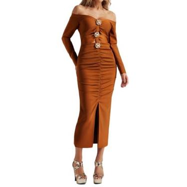 Imagem de Vestido longo BELLA BARNETT marrom com ombros franzidos para mulheres