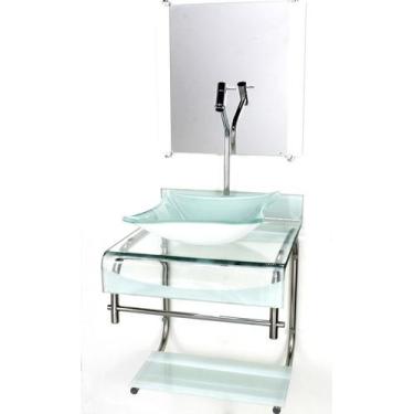 Imagem de Gabinete de vidro 40cm para banheiro curvado duplo inox cuba quadrada 