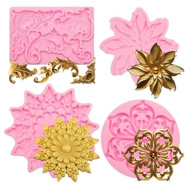 Imagem de Conjunto de moldes florais decorativos de silicone, 4 peças com desenhos barrocos de rolagem e flores, rosa