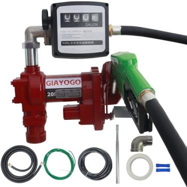 Imagem de GIAYOGO Bomba de transferência de combustível CC 12 volts 20 GPM alto fluxo, com bocal verde automático, medidor mecânico de galões. Bomba de combustível de gás resistente para gasolina, diesel,