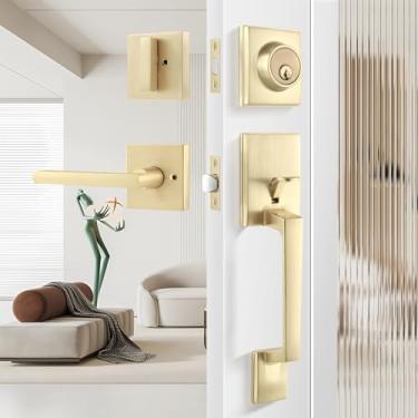 Imagem de Leydebong Conjunto de maçanetas e fechaduras douradas, conjunto moderno de fechadura da porta da frente, todas as maçanetas de porta dianteira com chave diferente com fechadura de cilindro único para