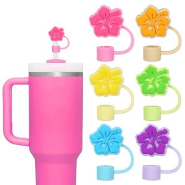 Imagem de Whaline 6 peças de tampa de palha de flor de hibisco colorido floral reutilizável topo de palha de silicone 10 mm/0,4 polegadas protetor de tampa de ponta de canudos para o verão havaiano tropical