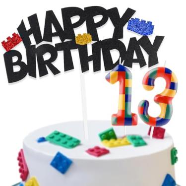 Imagem de Building Block Cake Decorations with Happy 13th Birthday Cake Toppers and Birthday Candles Numbers 13, Building Block Birthday Party Deco for Kids