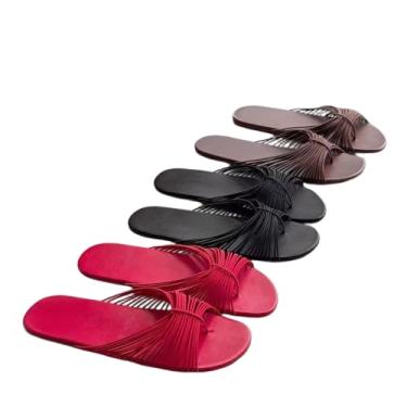 Imagem de Archicolor Pantufas femininas modernas de design plano minimalista francês preguiçoso retrô corda tecida sandálias femininas de verão, Vermelho, 37