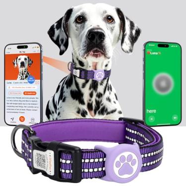 Imagem de ilFindYou Coleira AirTag para cães, IP69 à prova d'água, suporte para Apple AirTag para coleira refletiva, etiquetas personalizadas com código QR (roxo, grande)