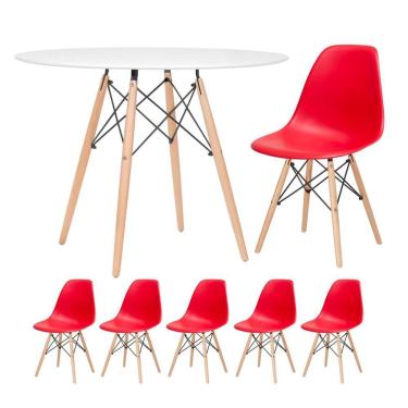 Imagem de Mesa Redonda Eames 100cm Branco + 5 Cadeiras Vermelho