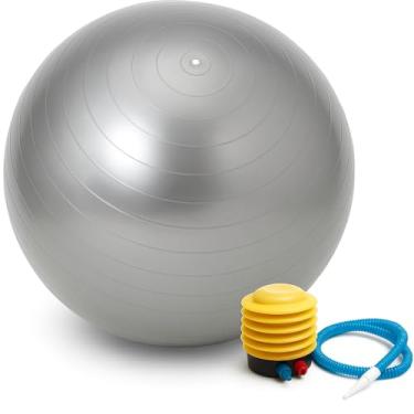 Imagem de Bola de Pilates Yoga CINZA 55 cm com Bomba – Suporta até 200 kg – Látex Premium Antiestouro e Textura Antiderrapante – Pilates Yoga Academia Reabilitação e Fisioterapia (Cinza)