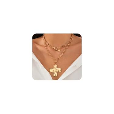 Imagem de GIGB PBDK Colar de cruz grossa de ouro para mulheres, colares vintage em camadas com pingente de crucifixo, acessórios de joias religiosas para o dia a dia, Large, Metal, Sem Pedra Preciosa