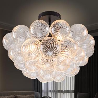 Imagem de BeyPan Lustre De Vidro Transparente Com Moldura Preta Industrial, Globo Soprado Nervuras, Luminária Teto Semi-Embutida 24" Diâmetro Para Sala Jantar, Estar, Entrada, Casa Fazenda