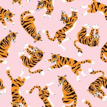 Imagem de Papel de Parede Adesivo Rosa Sala Lavável Tigres 5m