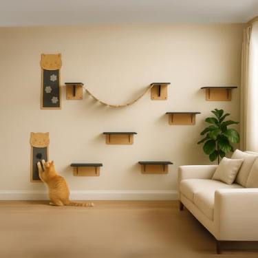 Imagem de BOXFAN Kit 8 Peças Prateleiras Escada Gato Playground Gatil Mdf 4mm Arranhador de Parede Descanso Pet Ponte Diversão Prateleira Antiderrapante Parquinho Suspenso