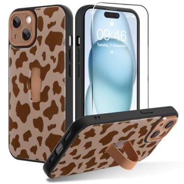 Imagem de OOK Capa para iPhone 15 com protetor de tela, linda estampa de vaca com alça de dedo ajustável, proteção total para mulheres e homens, capa de telefone marrom