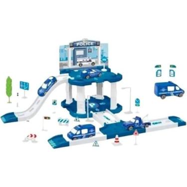 Imagem de Pista de Polícia com Estacionamento, 40 Peças, Helicóptero e 2 Carros, Brinquedo Infantil