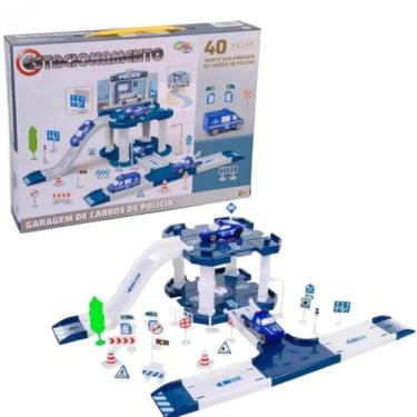 Imagem de Pista Estacionamento Policial com 40 Peças – 2 Carrinhos, Helicóptero, Rampas e Acessórios – Brinquedo Interativo Infantil para Aventuras e Criatividade