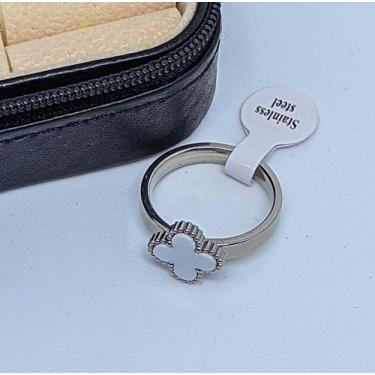 Imagem de Anel aliança Aço Inoxidável Prata Trevo madripérola Branco Inox Pratea