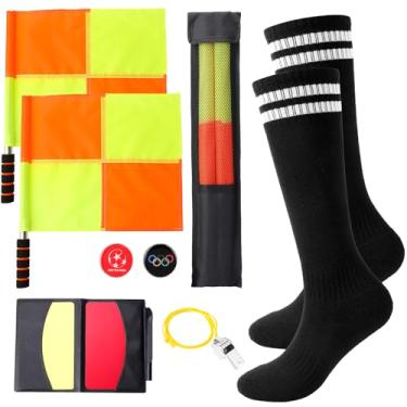 Imagem de Hoemwarm Kit de 5 bandeiras de árbitro de futebol, conjunto de acessórios de árbitro com bandeiras de linesman, meias de futebol, cartas de árbitros, apito de aço inoxidável, moeda de arremesso de