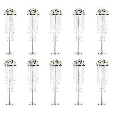 Imagem de Vasos de prata para mesas de casamento - Vaso de flor de 75 cm de altura com cristal de lustre, decorações de mesa de centro, suporte de flor de metal para casamento, recepção, festa, eventos, casa, 10 peças