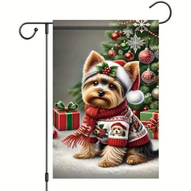 Imagem de Starlit Patio Bandeira de jardim de Natal Yorkshire Terrier bandeira de cachorro 30,5 x 45,7 cm bandeira dupla face natal quintal inverno decoração de gramado árvore ornamento caixa de presente