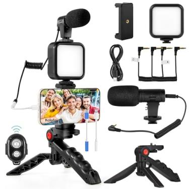 Imagem de Kalofaye Kit de vlogging para iPhone, Android (com tripé), com mini luz de vídeo LED + microfone cardioide + clipe de telefone + tripé para transmissão ao vivo, videochamadas, vlogging, YouTube,
