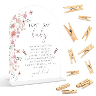 Imagem de Jogos de chá de bebê - Wildflower Don't Say Baby Clothprin, 1 placa e 50 mini prendedores de roupa, jogo de revelação de gênero, suprimentos de decoração floral para chá de bebê (ARI05)