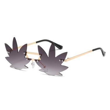 Imagem de LJCZKA Óculos de sol femininos e masculinos em formato de folha de bordo, sem aro, rave, festival, festa, dia das bruxas, acessórios de Natal (cinza gradiente dourado)