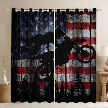 Imagem de Cortinas com bandeira americana para meninos, corrida de motociclista, motocross, crianças, adolescentes, homens, rústica, casa de fazenda, cortina de tratamento de janela de madeira, retrô, silhueta