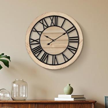 Imagem de Maxstar Relógio de parede de 40,6 cm para decoração de sala de estar, relógio de parede de casa de fazenda rústico ultra-silencioso com moldura de metal e madeira real, operado por bateria, para