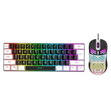 Imagem de Asixxsix Teclado iluminado RGB com 61 teclas, teclado ergonômico para jogos com sensação mecânica com fio e luz de fundo multicolorida, teclado (Moldura branca central preta)
