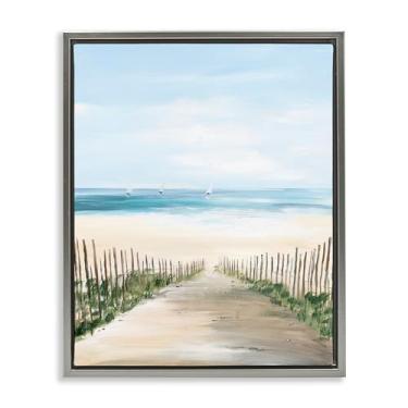 Imagem de Stupell Industries Arte de parede em tela flutuante emoldurada cinza cenário de cerca de praia por Georgie Harrison, 53 x 43 cm