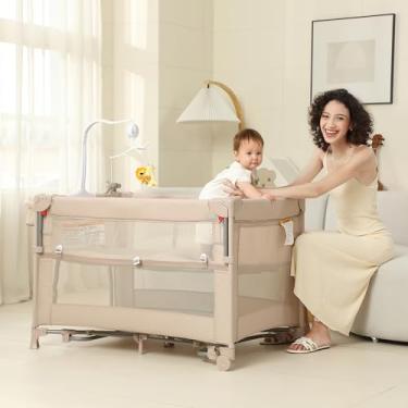 Imagem de A2DAO Berço de cabeceira, berço de cabeceira, pacote 5 em 1 e brinque com berço de tamanho completo, playard de bebê com trocador, prateleira de armazenamento, móbile de música com brinquedos macios