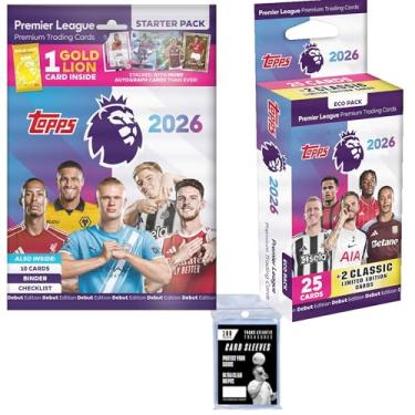 Imagem de Topps Premier League 25/26 Soccer Cards Starter Pack + Eco Pack + 100 Card Protectors, 38 Cards - 1 x Golden Lion Card, 2 x Classic Limited Edition Cards + Binder & Checklist