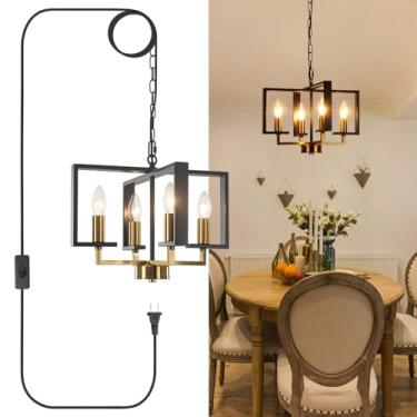 Imagem de MEIJIA Luz de teto conectada, lustre geométrico preto e dourado com cabo de plugue de 4 m e interruptor, luminária pendente para sala de jantar, sala de estar, cozinha, quarto, gazebo