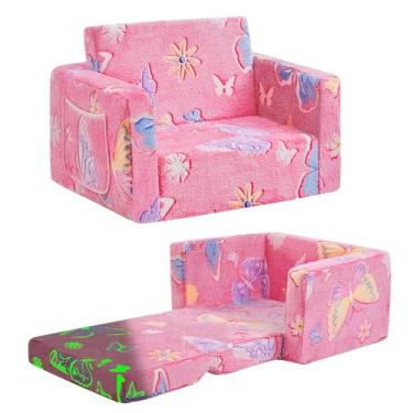 Imagem de Cadeira infantil confortável, sofá infantil macio 2 em 1 dobrável para crianças, sofá conversível para espreguiçadeira, presente para aniversário de meninas e meninos, borboleta