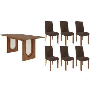 Imagem de Conjunto: Mesa de Cozinha Valentina Tampo Madeirado 180x90cm e 6 Cadeiras Maia Cinamomo - Cinamomo/Suede Mascavo Chocolate - Cimol