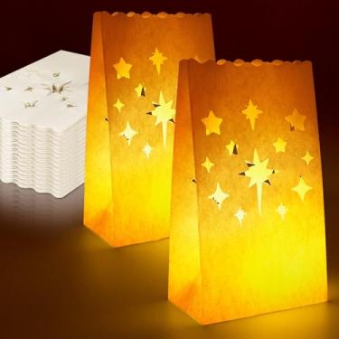 Imagem de 70 peças de sacos de velas luminares brancas para casa, com recortes de estrelas, luminárias, resistentes a chamas, lanternas de papel de Natal, para Halloween, casamentos, festa de aniversário, Ação