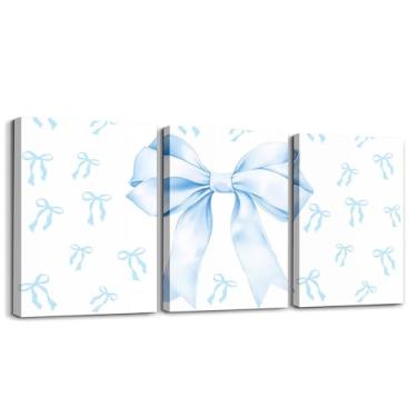 Imagem de Erosebridal Decoração de parede infantil com laço azul para meninas kawaii simples princesa arte de parede azul e branco laço, arte, pôsteres românticos coquete borboleta nó gravata borboleta pintura