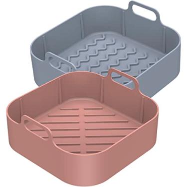 Imagem de 2 peças de forro de silicone para fritadeira a ar, com alça reutilizável de silicone, bandeja quadrada resistente ao calor, bandeja de silicone para fritadeira a ar antiaderente, acessórios para