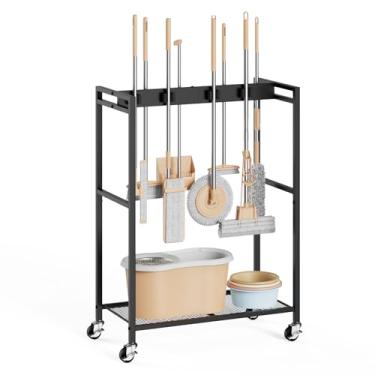 Imagem de BORISI Suporte de vassoura e esfregão, armário de armazenamento móvel para armário de vassoura, carrinho de limpeza com suporte para esfregão, carrinho de limpeza, carrinhos utilitários, itens