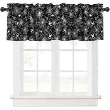Imagem de Cortinas de Dia das Bruxas Gótico Preto Branco Assustador Padrão Teia de Aranha Tratamento de Janela Cortinas Curtas Rod Pocket Drape para Cozinha, Sala de Jantar, Decoração de Férias, 137 x 45 cm
