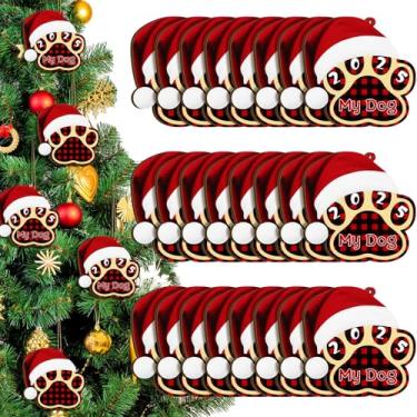 Imagem de 24 peças enfeites de pata de cachorro de natal recortes de impressão de pata de cachorro PET ornamento pendurado de cachorro de madeira xadrez vermelho e preto ornamentos de Natal com corda para decoração de árvore de Natal