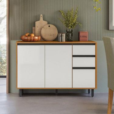 Imagem de Balcão para Cozinha 120cm 3 Portas 2 Gavetas com Tampo Ravena Freijo/Off Acetinado