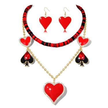 Imagem de VOGUEKNOCK Conjunto de brincos de colar de Halloween para mulheres gótico coroa rainha coração gargantilha colar cartão de pôquer pingente brinco fantasia de Halloween joias presentes, One Size, Metal