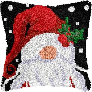 Imagem de QIONG MENG Kits de gancho de trava para adultos, kit de capa de travesseiro com padrão de gnomo de Natal faça você mesmo, capa de almofada de costura artesanal em crochê para decoração de sofá em casa