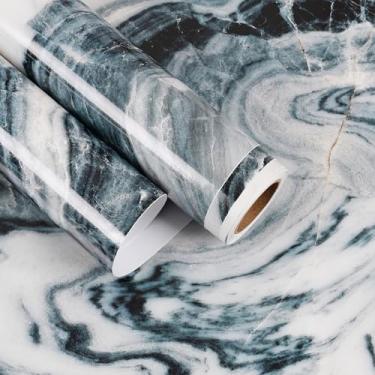 Imagem de EaseStick Papel de contato de mármore azul para bancadas à prova d'água 39.9 cm x 406.4 cm papel de parede de mármore branco brilhante azul e branco descasque e cole papel de contato de bancada para