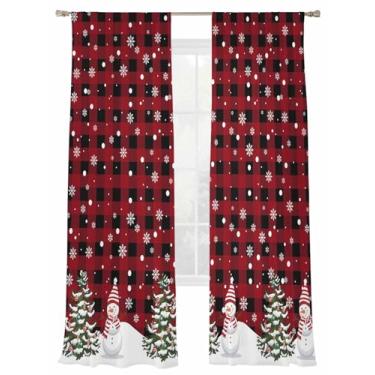 Imagem de Cortinas semitransparentes de boneco de neve de Natal de 203 cm de comprimento para sala de estar, árvore de Natal, flocos de neve, tratamento de janela, cortinas com bolso para varão, cortinas xadrez