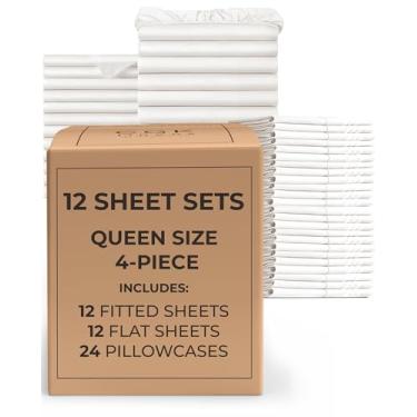 Imagem de Pacote com 12 conjuntos de lençóis - (12) conjuntos completos de lençóis queen size com bolsos profundos - roupa de cama a granel para hotéis, spas e Airbnbs - respirável, refrescante e sem rugas