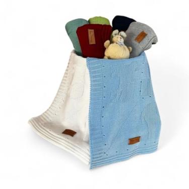 Imagem de Kit 2 Manta Cobertor Tricot Bebê Saída Maternidade Recém Nascido Lã (Branco e Azul bebê)
