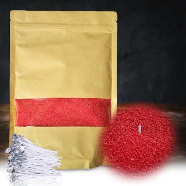 Imagem de DRMAISON Kit DIY de cera de vela perolada - 500 ml, vermelho brilhante, não tóxico e sem fumaça, recarregável com 30 pavios, chama de longa duração, altamente personalizável para decoração de