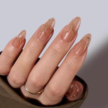 Imagem de Press On Nails Bartbox Almond com design de linhas douradas 3D - BTArt