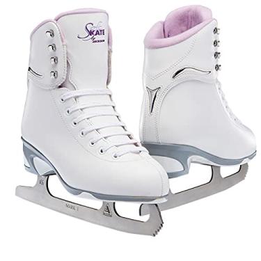Imagem de Patins de gelo Jackson Ultima feminino/feminino/feminino/pequeno/finesse 180 cano alto com cadarço, suporte médio, softskate, White/Purple, 9 Women's